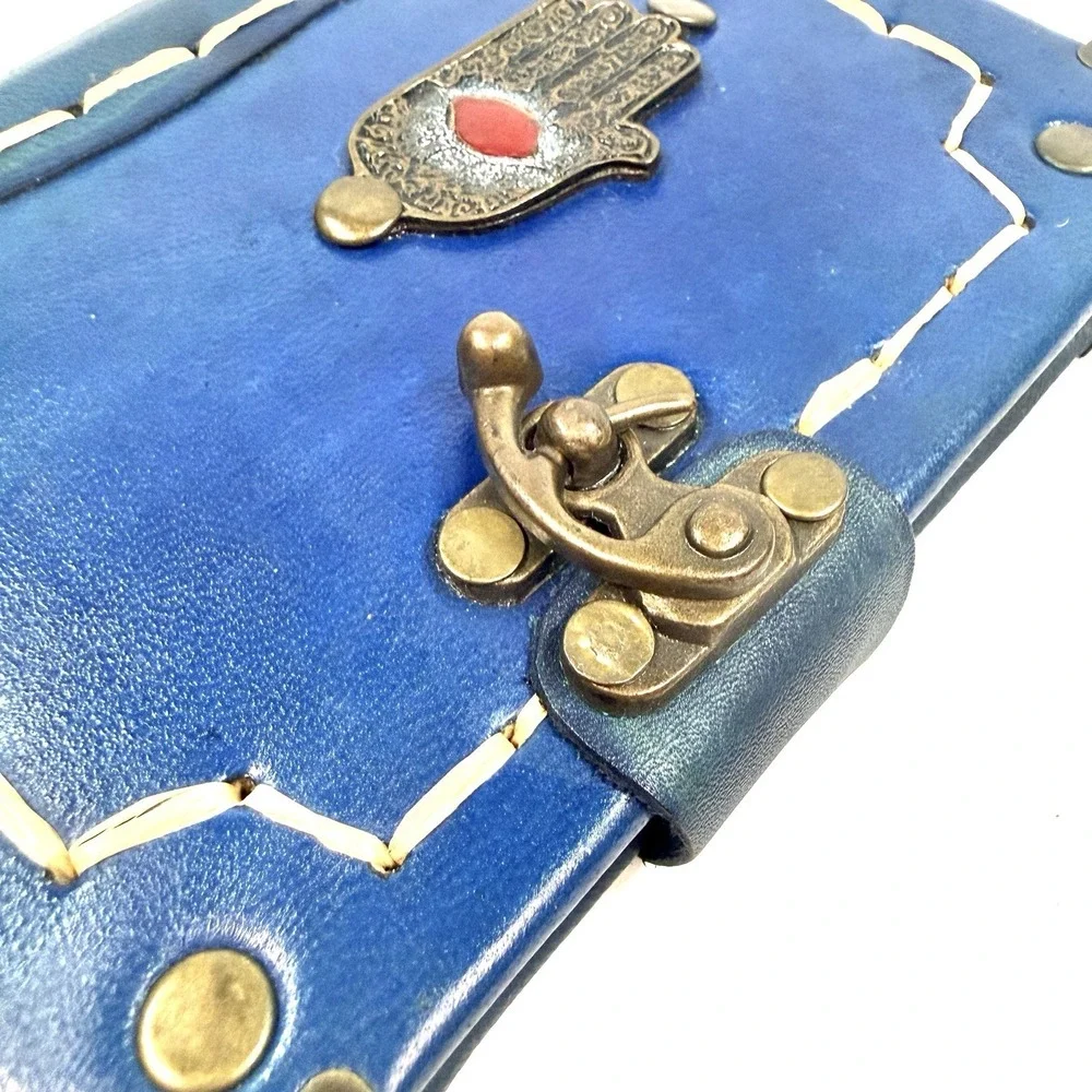 Vintage Handmade Leather Journal Hamsa Evil Eye Locking Blank Notebook Blue 6.5